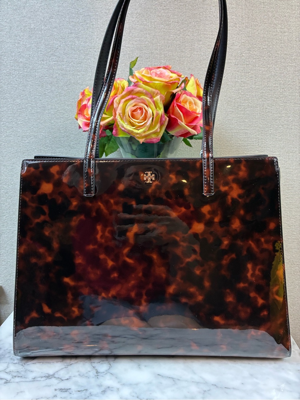 Tory Burch Emerson Tortoise Patent Leather Work Tote Bag - NWT Retail $578 🔥